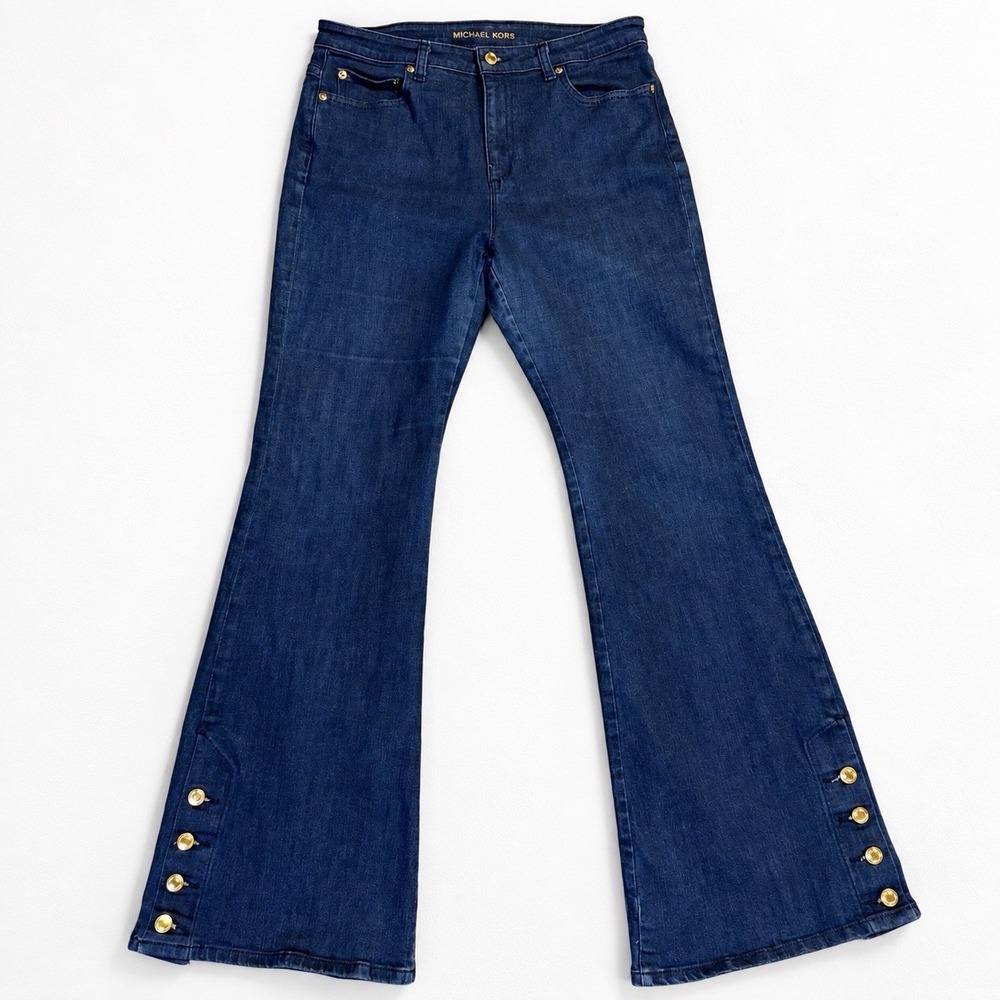 Michael Kors Women's Size 8 Dark Wash Flare Jeans Gold Button Hem Stretch